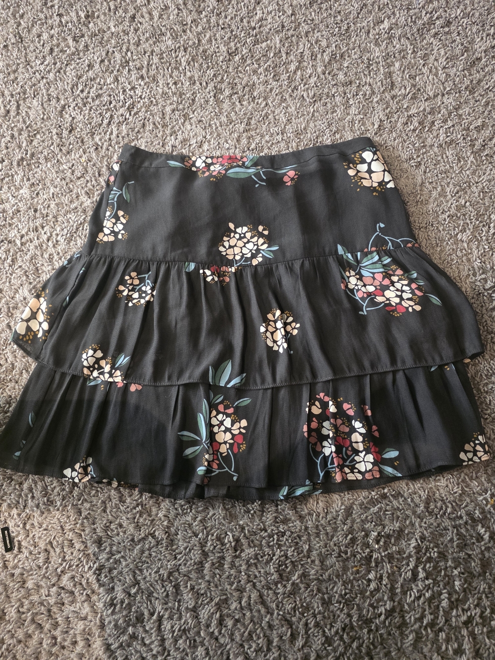 LOFT Black Floral Tiered Mini Skirt